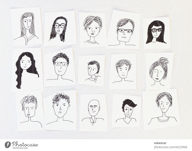 Gesichter Menschen Frau Mann viele gezeichnet Zeichnung Kunst Textfreiraum Hintergrund weiß weißer Frauen Männer Porträt Porträts lustig Zeichnungen
