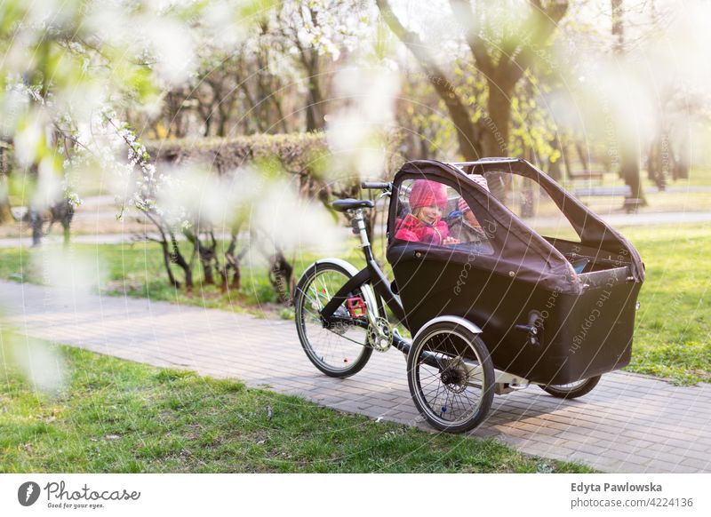 Kinder bei einer Fahrt mit einem Lastenfahrrad im Frühling Dreirad Lastenrad Tag Gesundheit Lifestyle aktiv im Freien Spaß Freude Park Fahrrad Zyklus Radfahren