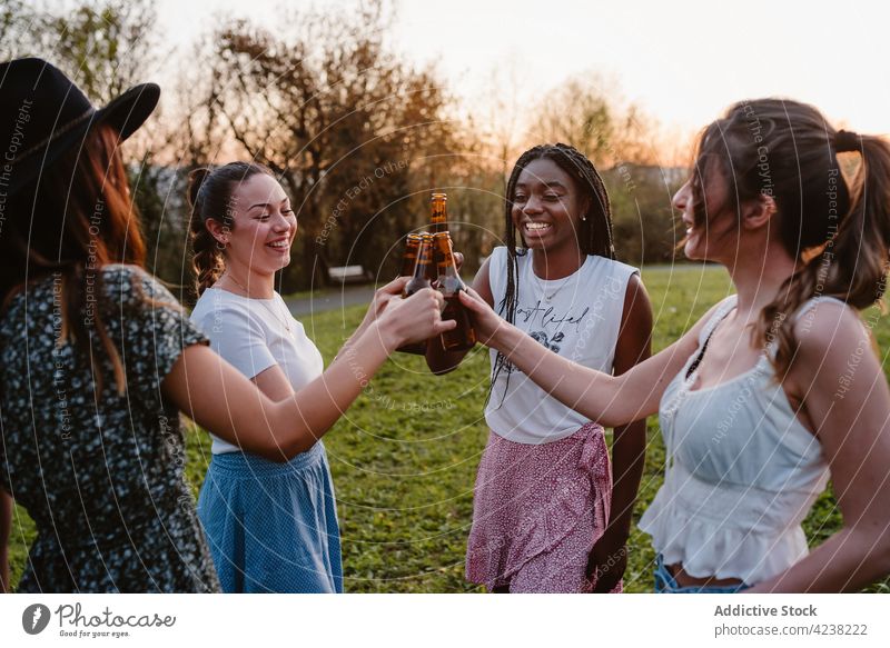 Gesellschaft von multirassischen Freundinnen, die bei Sonnenuntergang im Park auf Flaschen anstoßen Klirren Frauen Unternehmen Sommer Bier Kälte Spaß haben