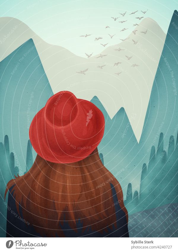 Frau mit rotem Hut von hinten mit Blick auf Berge und Wald Roter Hut Junge Frau Landschaft lange braune Haare Frau von hinten Berge u. Gebirge reisen Reisen