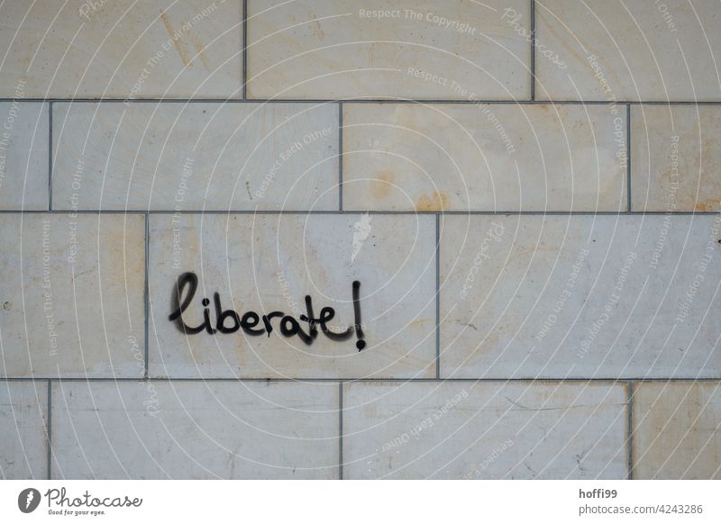 Schriftzug liberate - befreien Schriftzeichen freilassen entlassen losmachen ausnehmen freistellen verschonen statement Statement Graffiti Wand Text