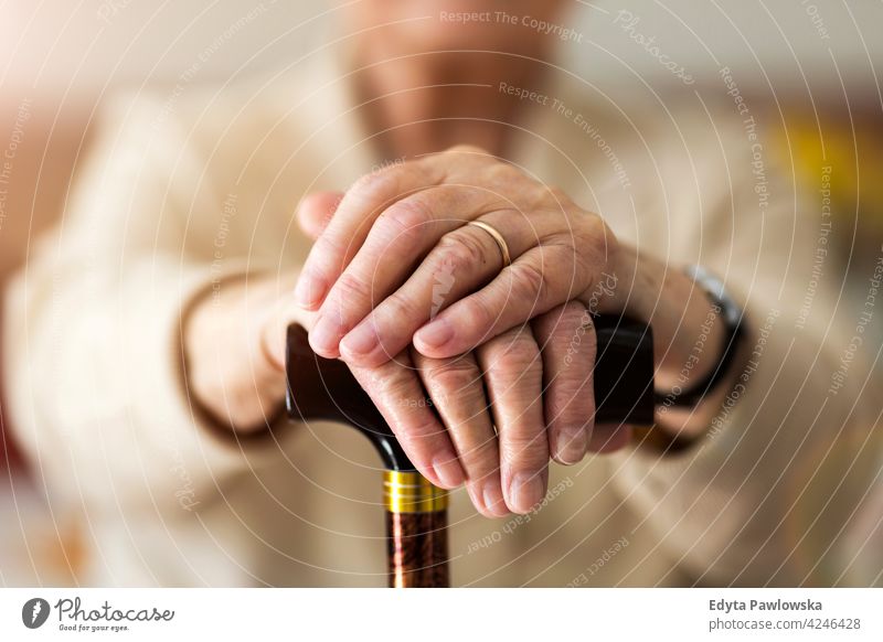 Nahaufnahme der Hände eines Seniors, der sich auf einen Gehstock stützt Menschen Frau reif lässig Kaukasier älter heimwärts Haus Pflege alt Gesundheit