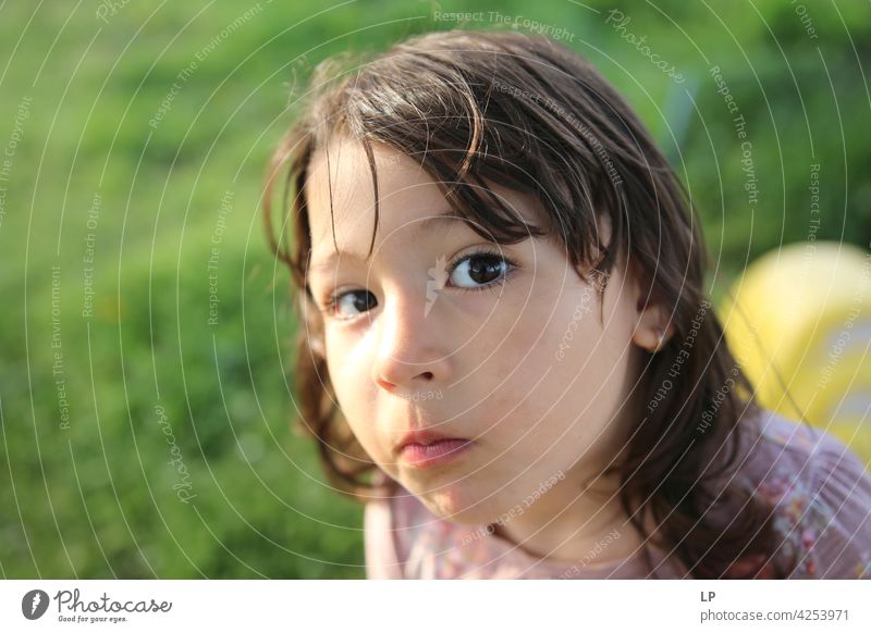 neugieriges Mädchen schaut in die Kamera zuschauend Überraschung spielerisch Person Blick Aussehen Lernen Kind Gesicht Augenlicht Bildung Fundstück Neugier