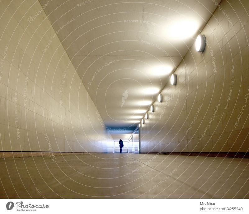 im Tunnel Licht Architektur Unterführung Fußgänger Wege & Pfade Tunnelblick Lichtblick Durchgang Untergrund Gang U-Bahn Einsamkeit Symmetrie Beleuchtung