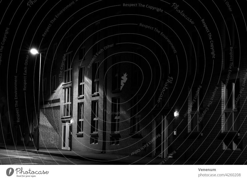 Nachts auf der Straße, Wohnhaus wird von Straßenlaterne beleuchtet, ohne Menschen, schwarz-weiß, Low Key Fotografie nachts Gebäude Baum Bäume Deutschland