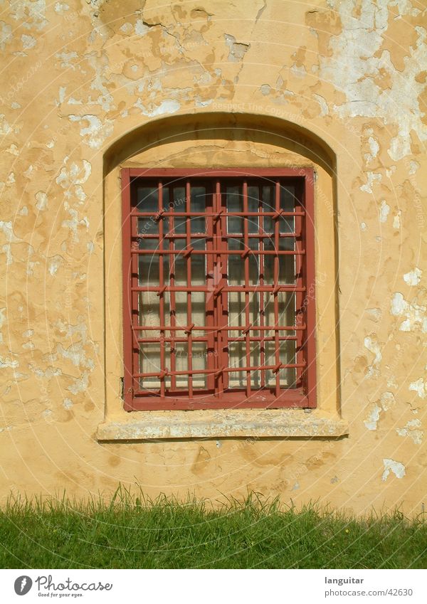 mywindow Fenster Gitter gelb rot Wand Festung gefangen Quadrat Fensterbrett Putz Verfall kaputt Gras grün Architektur historisch Window Glas