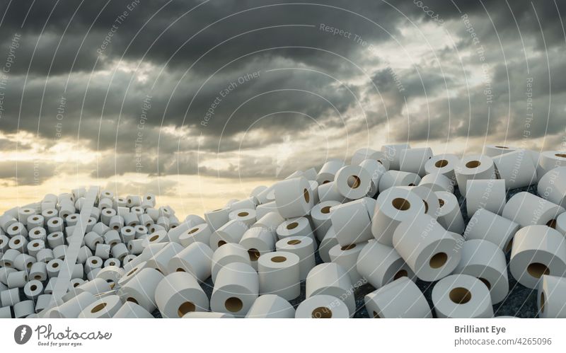 Haufen mit ganz vielen Toilettenpapierrollen vor bewölktem Himmel 3d abstrakt Hintergrund Konzept covid-19 Umwelt Abend Boden Hügel Haushalt Hygiene industriell