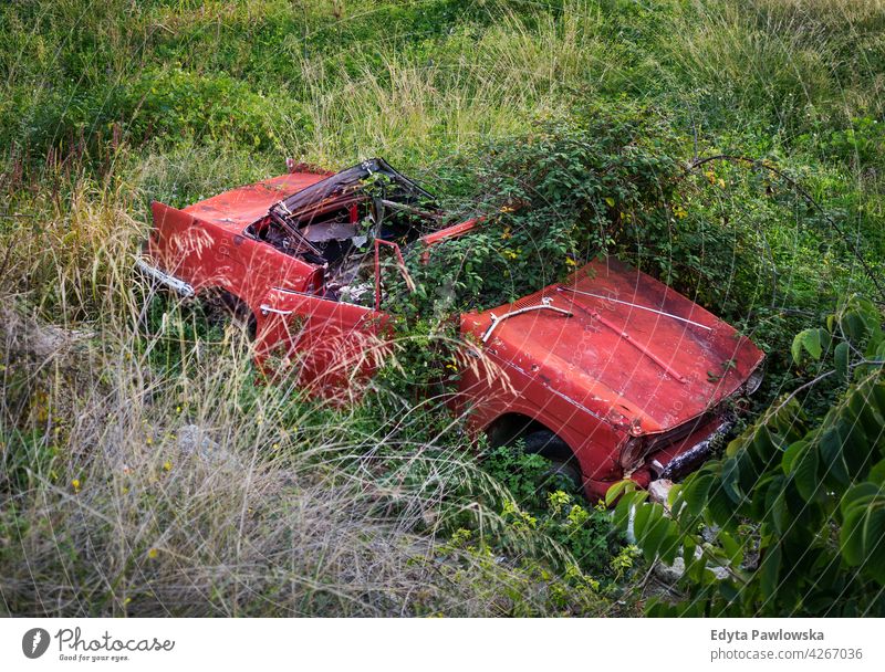 Verlassenes Autowrack, Provinz Malaga, Andalusien, Spanien Schiffswrack PKW rot Gras Unfall altehrwürdig grün Frigiliana Nerja Provinz Málaga Fahrzeug Automobil