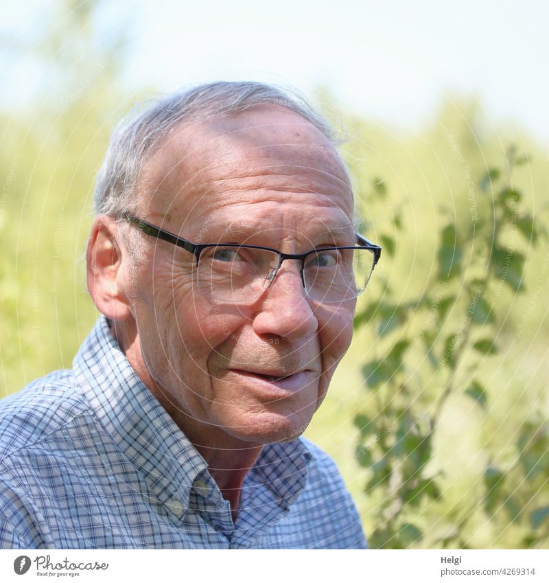 Porträt eines Senioren mit Brille und grauen Haaren in der Natur Mensch Mann Alter Kopf Gesicht grauhaarig kurzhaarig Nahaufnahme Hemd kariert draußen