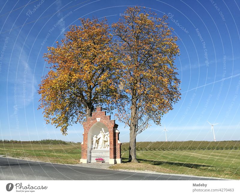 Herbstliche alte Bäume mit religiösem Denkmal vor blauem Himmel an einem alten Pilgerweg in Stromberg bei Oelde im Kreis Warendorf im Münsterland Westfalen
