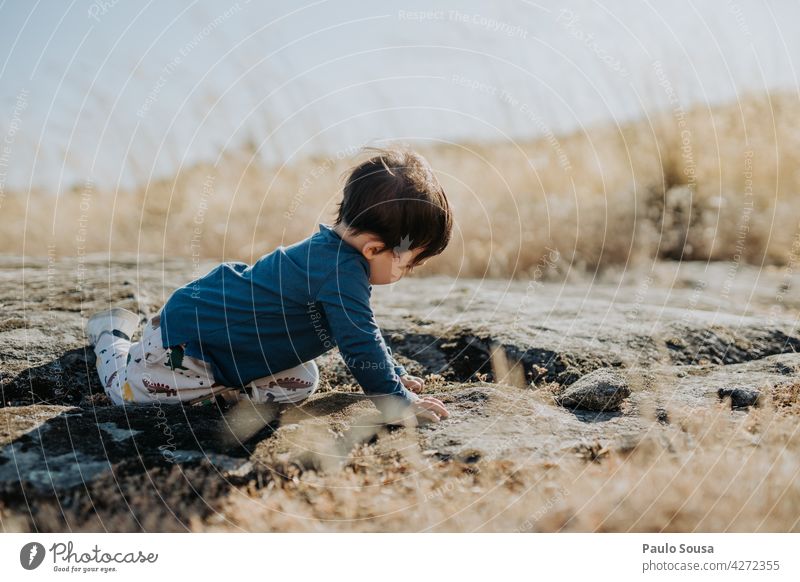 Kind spielt im Freien Kindheit 1-3 Jahre Kaukasier Sommer Natur Neugier erkunden authentisch niedlich Fröhlichkeit Freude Lifestyle Farbfoto Außenaufnahme