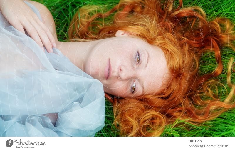 Porträt einer schönen jungen sexy rothaarigen Frau, die glücklich in der Frühlingssonne liegt und sich im Gras entspannt, die roten Haare frei um den Kopf drapiert.