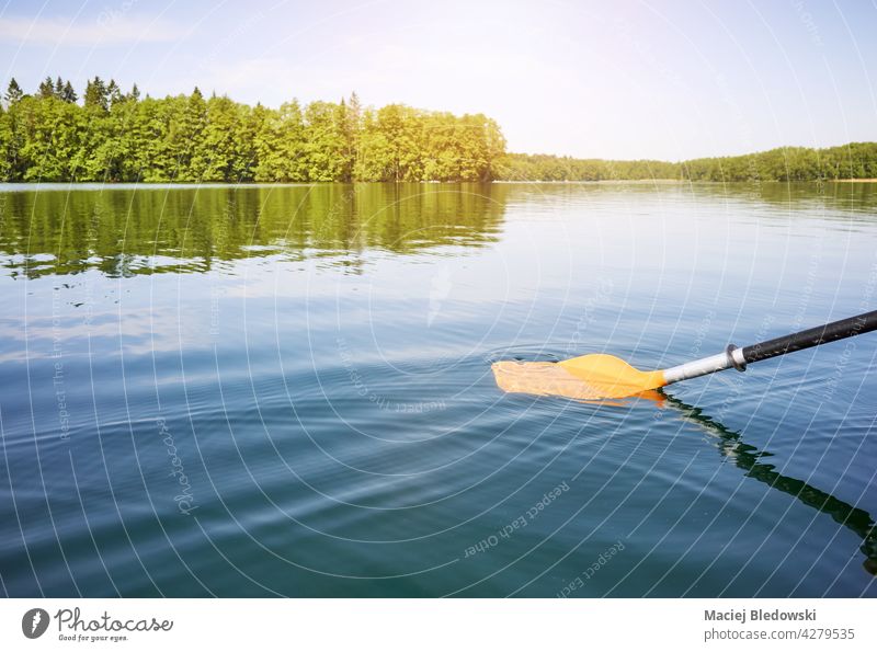 Kajakpaddel im Wasser, selektiver Fokus. Sport Natur Kanu Abenteuer Paddel See Fluss Aktivität Sommer Urlaub Ruder Gerät Freizeit Reise Erholung Feiertag