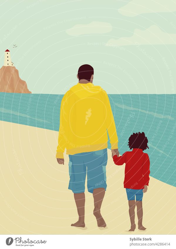 Vater und Sohn gehen Hand in Hand am Strand spazieren Eltern Seeküste Leuchtturm Barfuß Wellen Blauer Himmel Feiertag Sommer Glück glückliche Familie Bonden