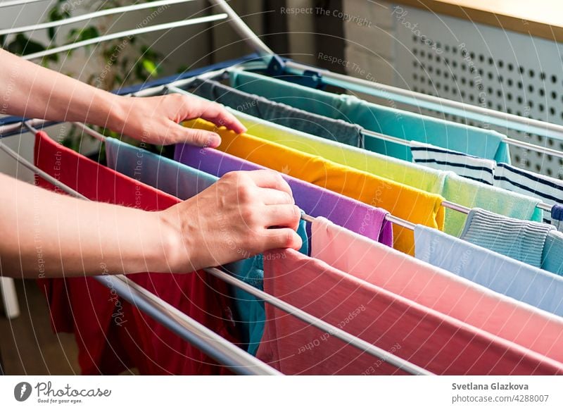 Wäschetag Regenbogenfarbene Kleidung hängt auf der Wäscheleine zum Trocknen im Haus Wäscherei Sauberkeit Haushalt Bekleidung Hausarbeit Baumwolle frisch