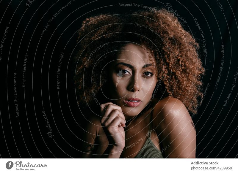 Schwarze Frau in dunklem Studio Model krause Haare Afro-Look Frisur dunkel Atelier Vorschein charmant Windstille ethnisch schwarz Afroamerikaner feminin