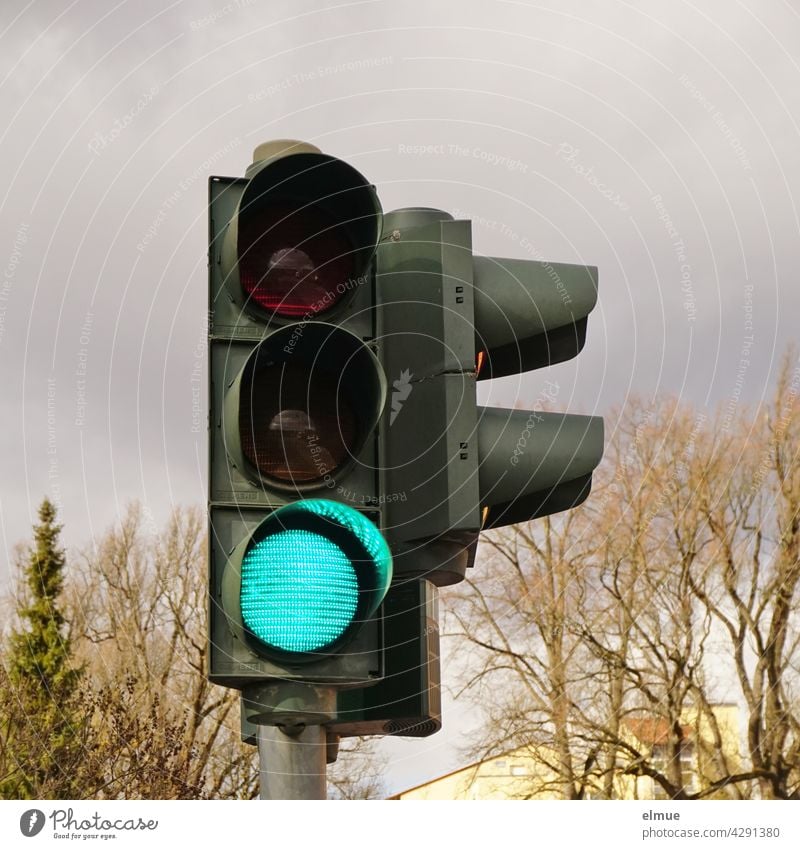 Eine Verkehrsampel an einem Fußgängerübergang steht für Fahrzeuge auf grün / Lichtzeichenanlage / freie Fahrt Ampel Lichtsignalanlage Straßenverkehr Ampelanlage