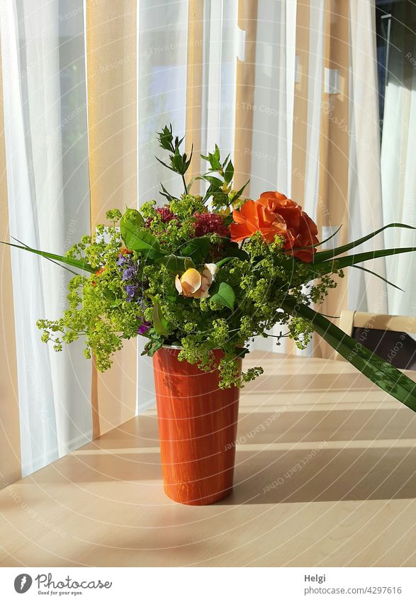hübscher bunter Blumenstrauß aus dem Garten steht auf einem Tisch im Krankenzimmer Blüte Vase Blumenvase Strauß Gardine Sonnenlicht Licht Schatten Freude