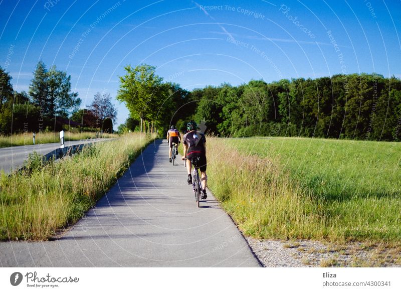 Zwei Rennradfahrer fahren auf dem Radweg neben einer Straße im Sommer. Radfahrer Radsport Fahrrad Bewegung Fahrradfahren Sport Radfahren Landstraße bäume Natur