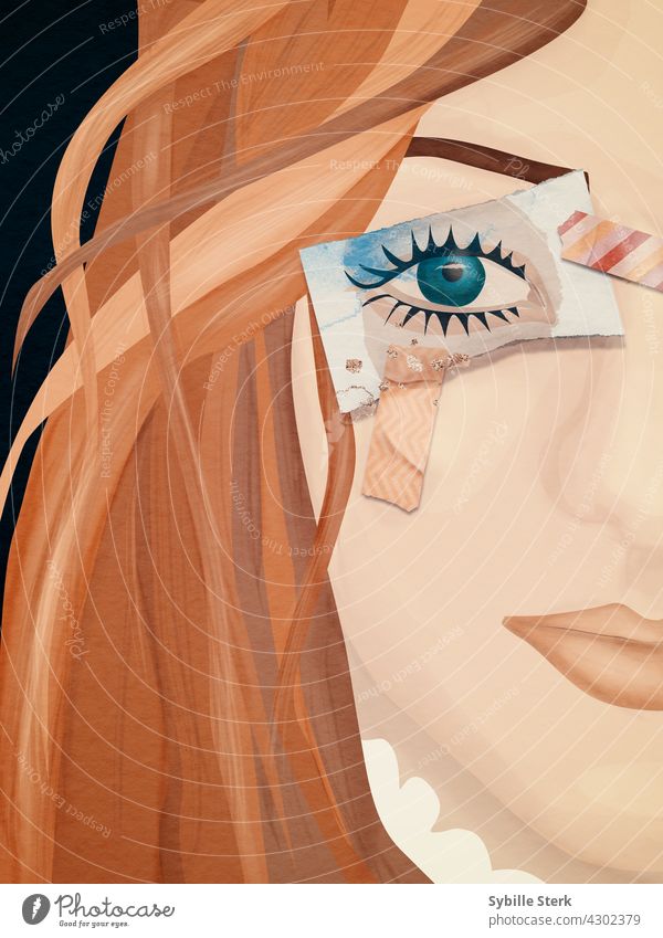 Frau mit auf Papier gemaltem Auge anstelle eines echten Auges Junge Frau Mädchen rote Haare grünes Auge lange Haare blind geblendet nichts sehen Wegsehen