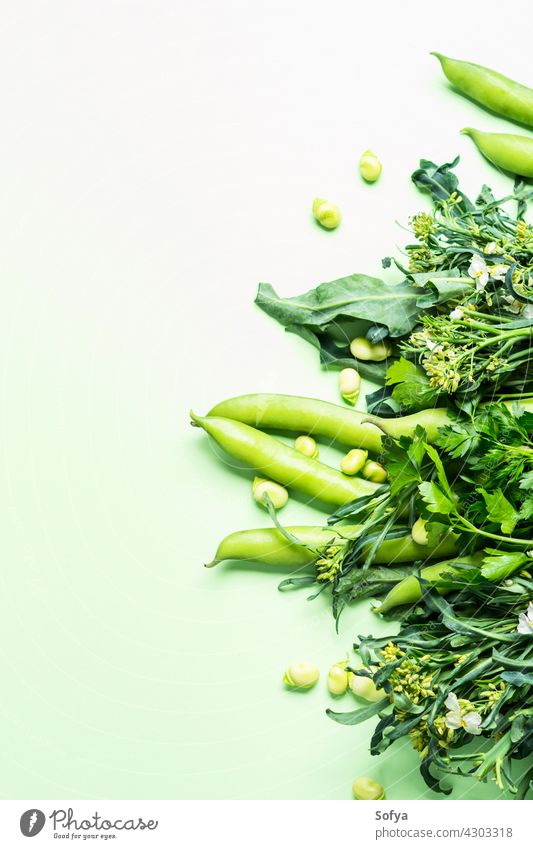 Grünes Gemüse und Kräuter auf Pastell Hintergrund Markt Veganer Lebensmittelgeschäft Versand produzieren Monochrom Bohnen Brokkoli Ackerbau Sauberkeit Diät