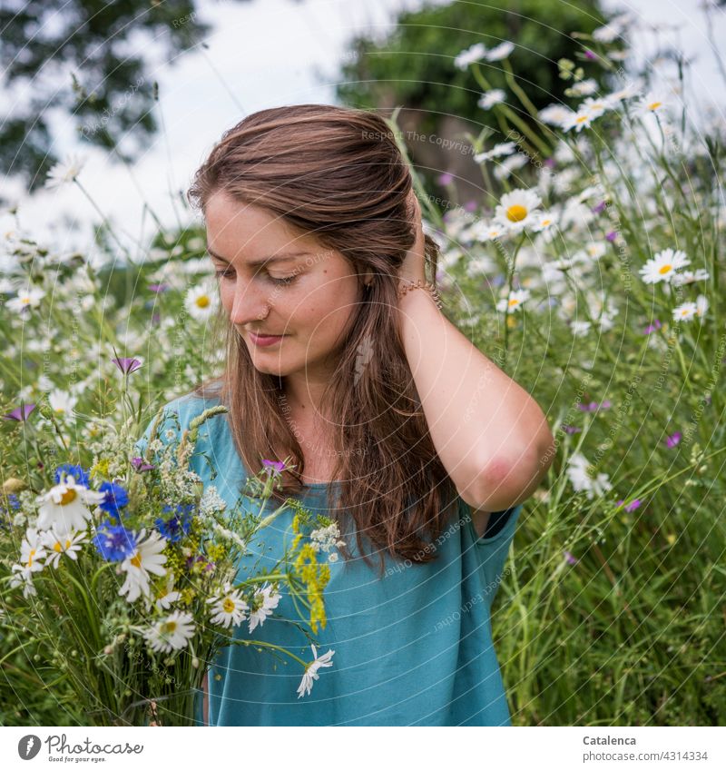Die junge Frau hält einen Strauß Wiesenblumen, im Hintergrund eine Blumenwiese Natur Flora Person weiblich brünett blauäugig schauen Pflanze Blüte duften