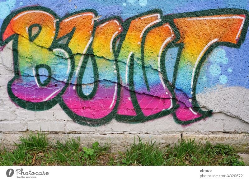 BUNT wurde in großen, bunten Buchstaben an eine Wand gesprayt / Graffito / Farbe / kreativ Graffiti sprayen farbig Jugendkultur Kunst Kunstschrift Straßenkunst