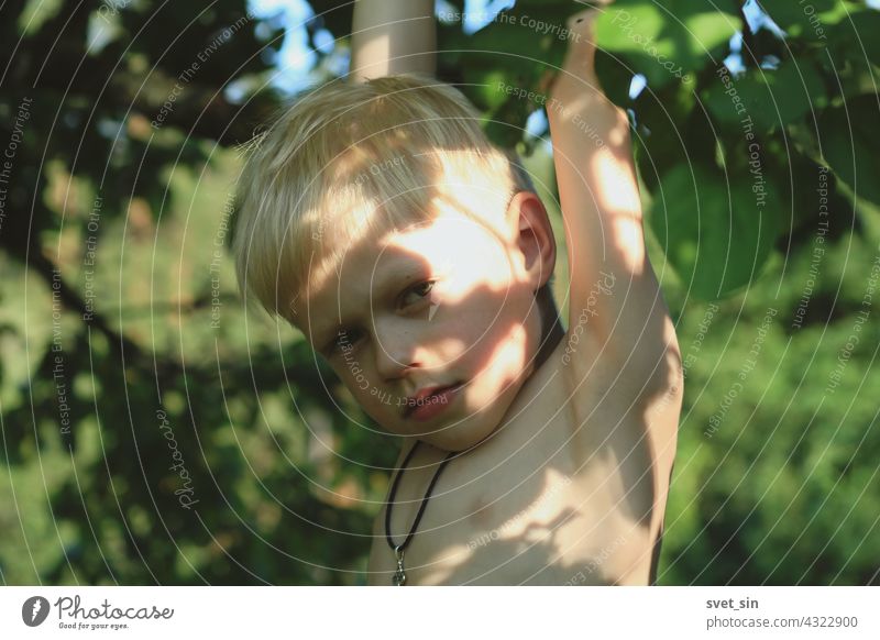 Ein blonder kleiner Junge mit einem orthodoxen Kreuz auf der Brust hängt an einem Apfelbaum, hält sich an einem Ast fest, in einem sonnigen Sommergarten. Glückliche Kindheit auf dem Dorf. Porträt eines blonden Jungen mit Sonnenblendung auf der Haut.