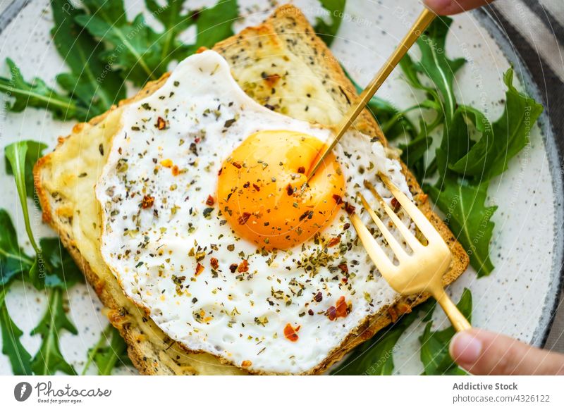 Anonyme Person isst Toast mit Eiern und Käse Lebensmittel Gesundheit Mahlzeit Teller Küche Speise Mittagessen Nahaufnahme Gemüse Diät Abendessen Frühstück Brot