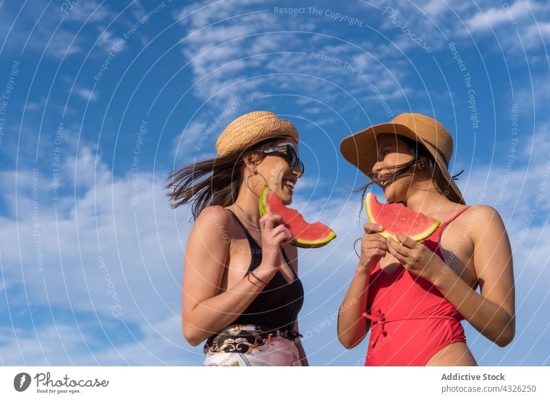 Lächelnde Frauen in Badeanzügen und mit Wassermelone vor blauem Himmel Badeanzug Sommer Urlaub Feiertag Freund Zusammensein sonnig heiter Glück Blauer Himmel
