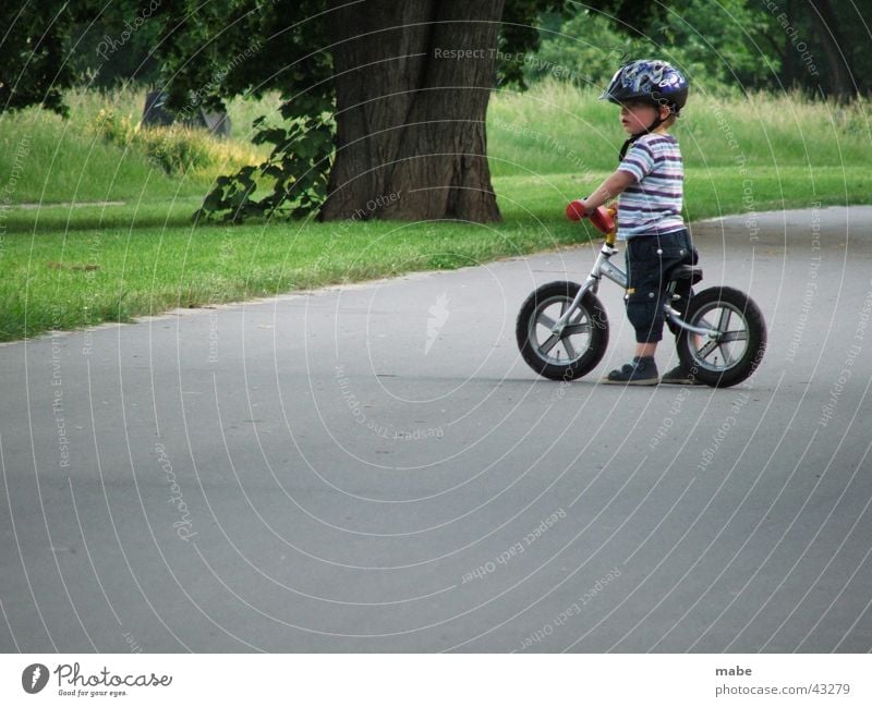 kind auf fahrrad und guckt Kind Fahrrad Straße Blick Junge Laufrad stehen gestreift niedlich klein Kleinkind Außenaufnahme Farbfoto Baumstamm 1 Rasen