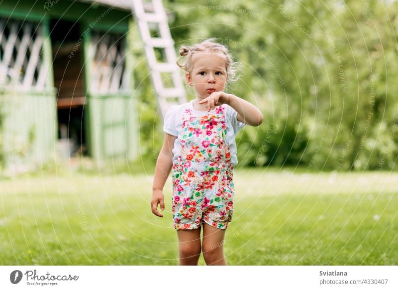 ein kleines Mädchen spielt im Garten, bläst auf ihre Hand. Kindheit, Sommerzeit, Spiele im Freien Baby Spielen Gras Lächeln Glück Park Spaß Natur Fröhlichkeit