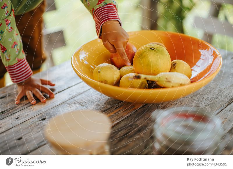 Kinderhand zeigt auf Früchte in einer Schale auf dem Tisch Ackerbau Apfel Banane Schalen & Schüsseln Zitrusfrüchte Farbe farbenfroh dekorativ Dessert Diät