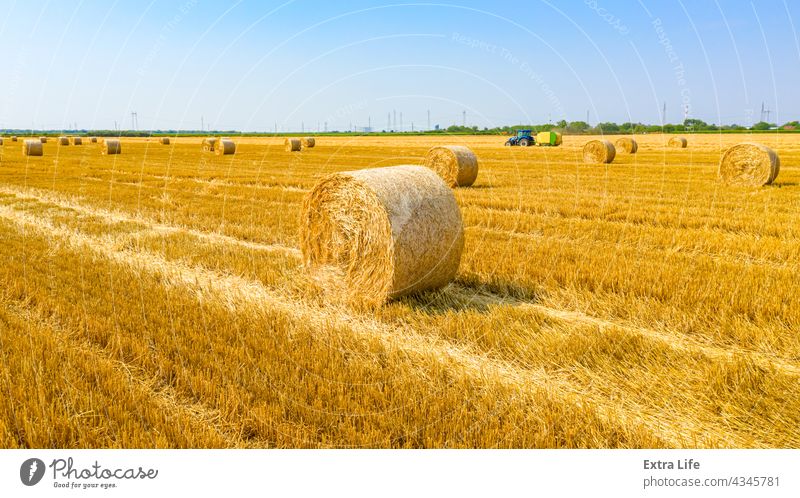 Luftaufnahme von Strohballen auf landwirtschaftlichen Feldern oben Antenne Ackerbau anbaufähig Ballen Ballenpresse Ballenpressen Müsli kompakt Land Ernte