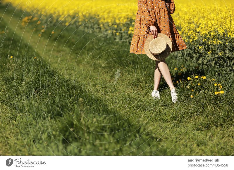 beschnitten Foto der jungen Frau geht in einem Feld von gelben Raps. Mädchen brunette lange Haare fliegen im Wind gekleidet in Kleid und Strohhut. Sommerurlaub Konzept