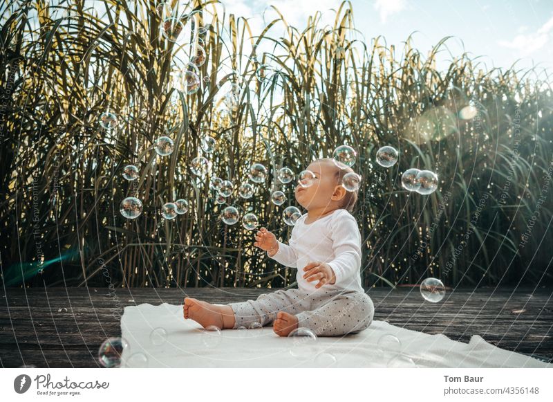 Baby sitzt vor Schilf auf dem Boden und spielt mit Seifenblasen Spielen Freude Kindheit Glück Fröhlichkeit Himmel spielen Schilfrohr Außenaufnahme träumen