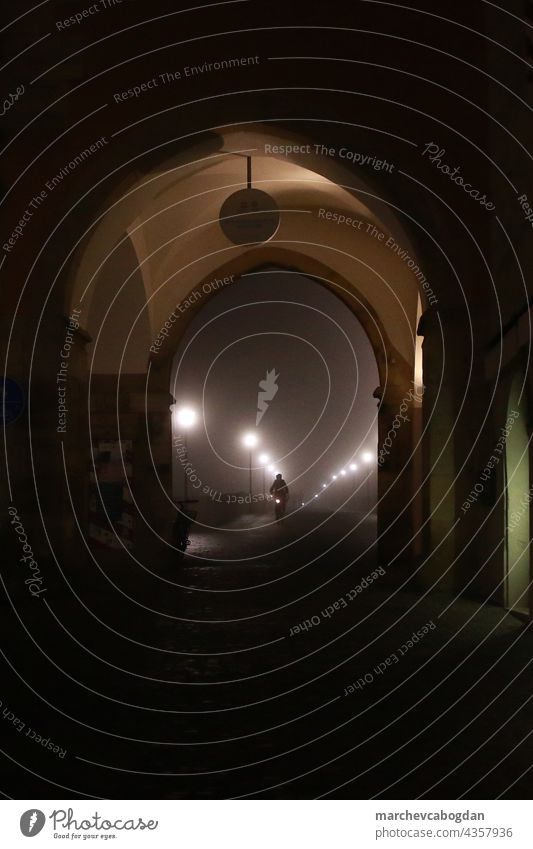 Neblige Straßenlaterne in der Nacht. Mann Silhouette Reiten das Fahrrad auf der Steinernen Brücke im Stadtzentrum Nebel Fotografie im Freien beleuchtet reisen