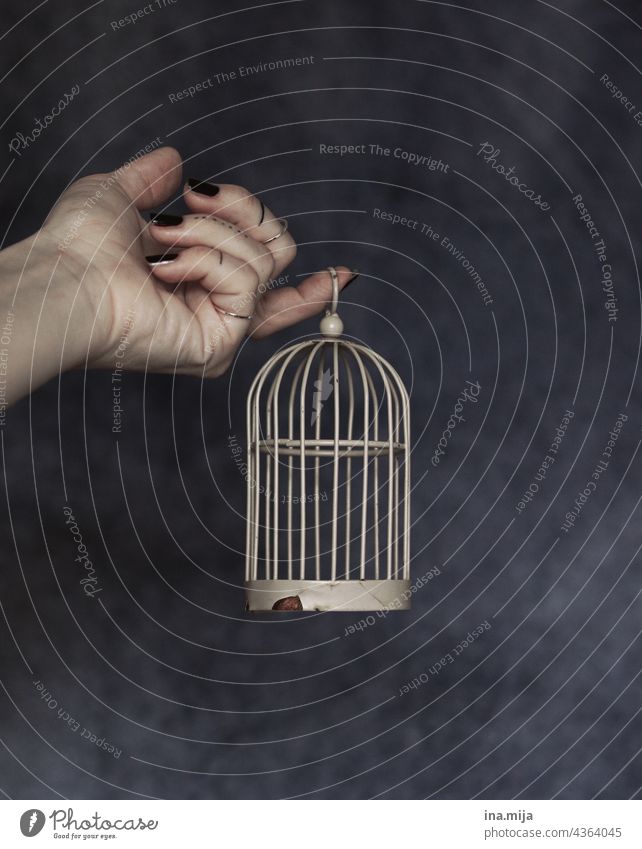 tätowierte Hand mit schwarzen Nägeln hält einen kleinen rostigen Käfig gefangen Tattoo Vogelkäfig geheim Geheimnis geheimnisvoll einsperren einengen