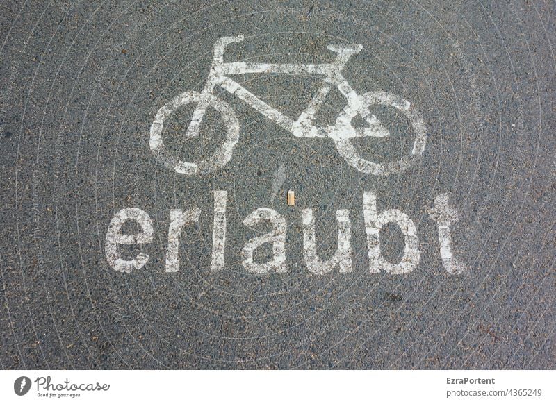 Erlaubnis Fahrrad Fahrradweg Asphalt Straße Schrift fahrbahnmarkierung grau Verkehr Verkehrswege Verkehrswende Zigarettenstummel
