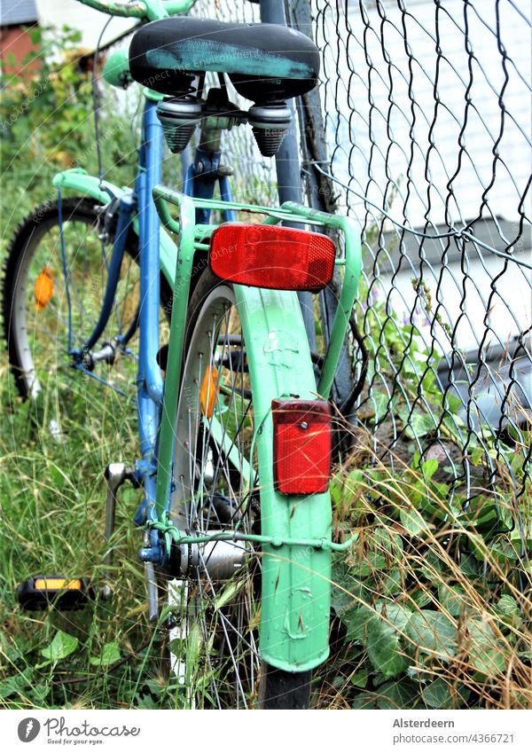 Angemaltes blau grünes Fahrrad angelehnt am Drahtzaun steht auf wildem Grün Draufsicht Hinterrad Zaun Stadtrad Transport Mobilität Radfahrer alternativ