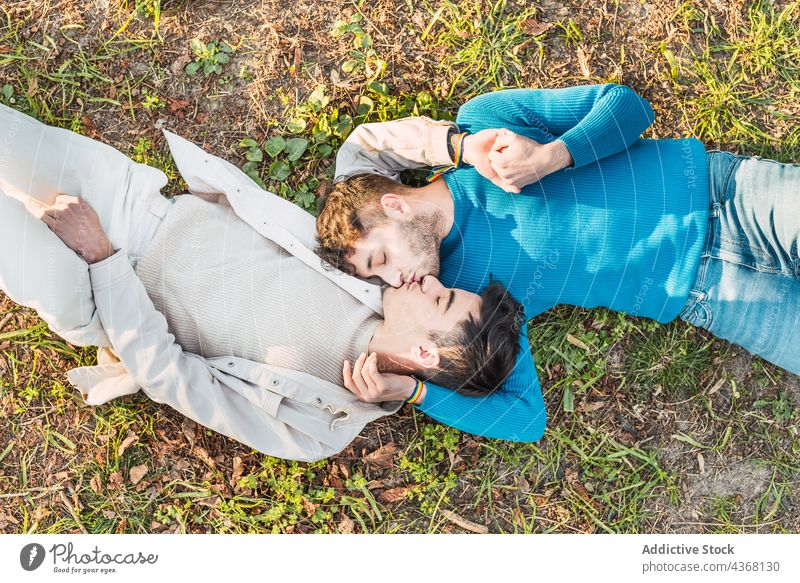Lächelndes schwules Paar, das auf dem Rasen im Park liegt und sich küsst Männer Gras Lügen Angesicht zu Angesicht Liebe Homosexualität männlich Zusammensein