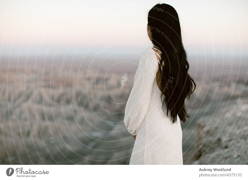 Frau blickt auf die Wüste hinaus friedlich anza-borrego-wüste asiatisch Ödland Bohemien Boho Kakteen Kaktus dunkles Haar kostümiert Abenddämmerung Emotion