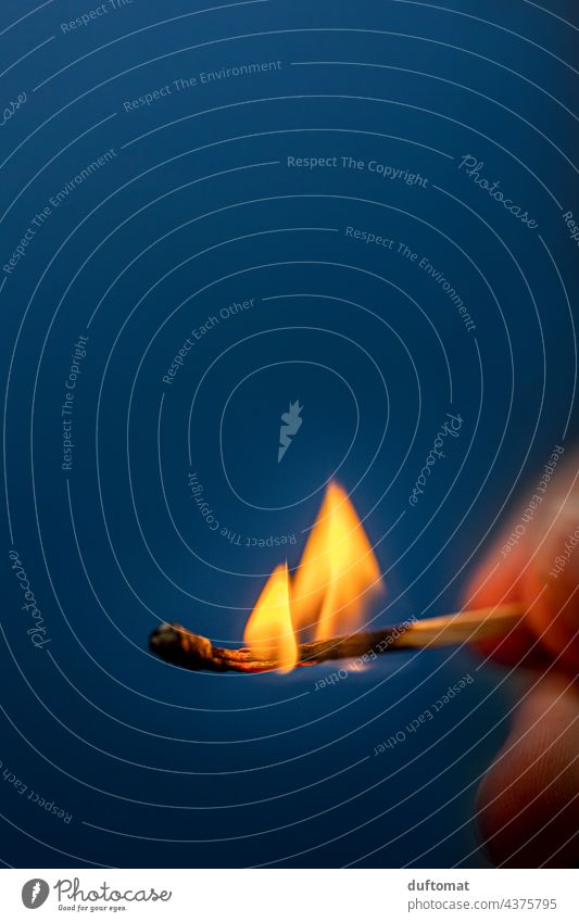 Finger halten brennendes Zündholz vor blauem Hintergrund Feuer Streichholz Flamme zündeln anzünden heiß gefährlich entzünden Brand Holz Streichholzkopf