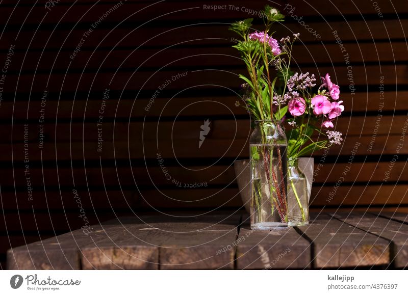 gartentisch Garten Outdoor Vase Blumenstrauß Glas Wasser Holz Blüte Pflanze Dekoration & Verzierung Tisch Farbfoto Natur grün Stil Blatt Design Sommer rosa