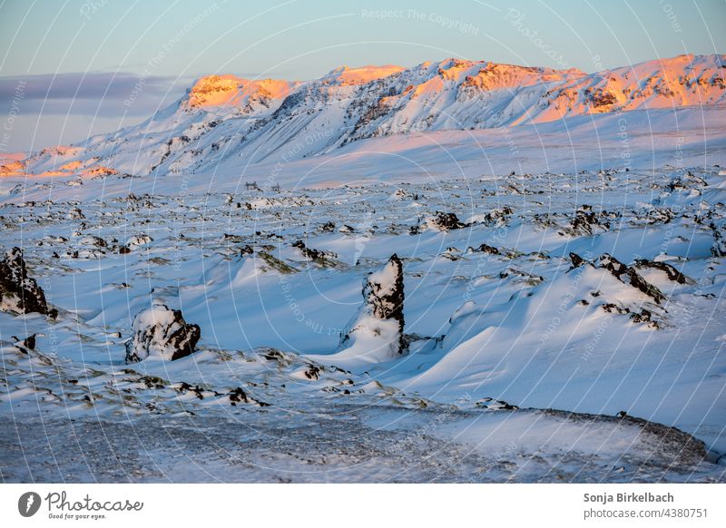 Morgens im Lavafeld, irgendwo an der N1 hinter Reykjavik Richtung Süden bei Sonnenaufgang, Island im Winter isländisch Formen Figuren Trolle Elfen Berge