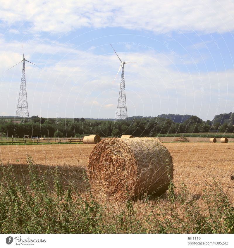 Strohballen auf dem Feld im Hintergrund zwei Windräder Sommer Nutzfläche Landwirtschaft Getreidefeld Ernte Rundballen zylinderförmig Tiereinstreu Futtermittel