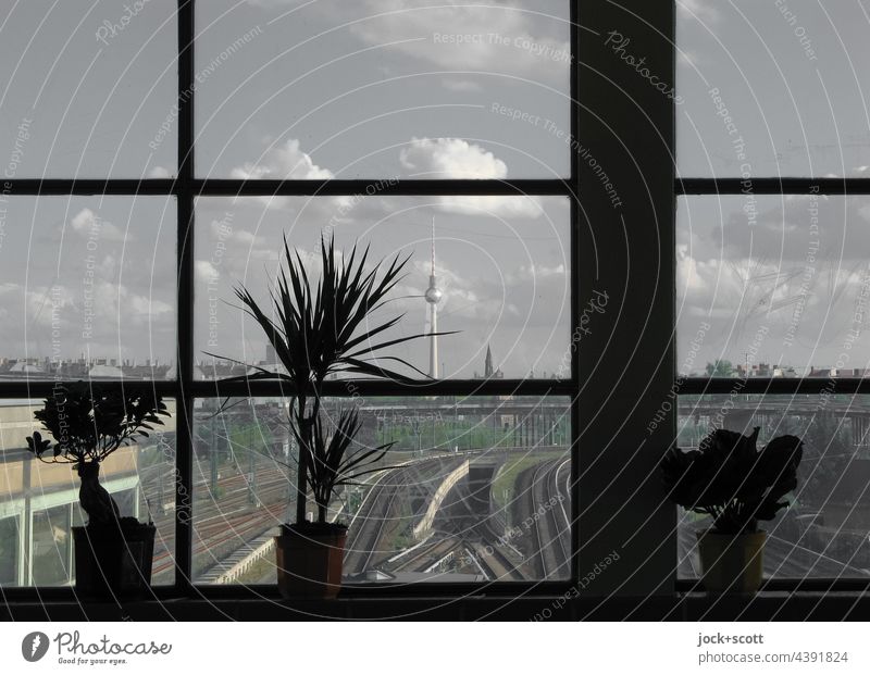 Fenster mit Aussicht auf eine große Stadt S-Bahnhof Berlin Panorama (Aussicht) Hauptstadt Gleise Verkehrswege Silhouette Berliner Fernsehturm Bahnanlage