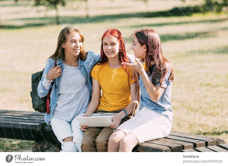 Eine Gruppe von Mädchen im Teenageralter sitzt auf einer Parkbank und bereitet sich gemeinsam auf den Unterricht vor, bespricht die Hausaufgaben und hat Spaß. Gemeinsame Zeit, Freunde, Freundschaft, Training.