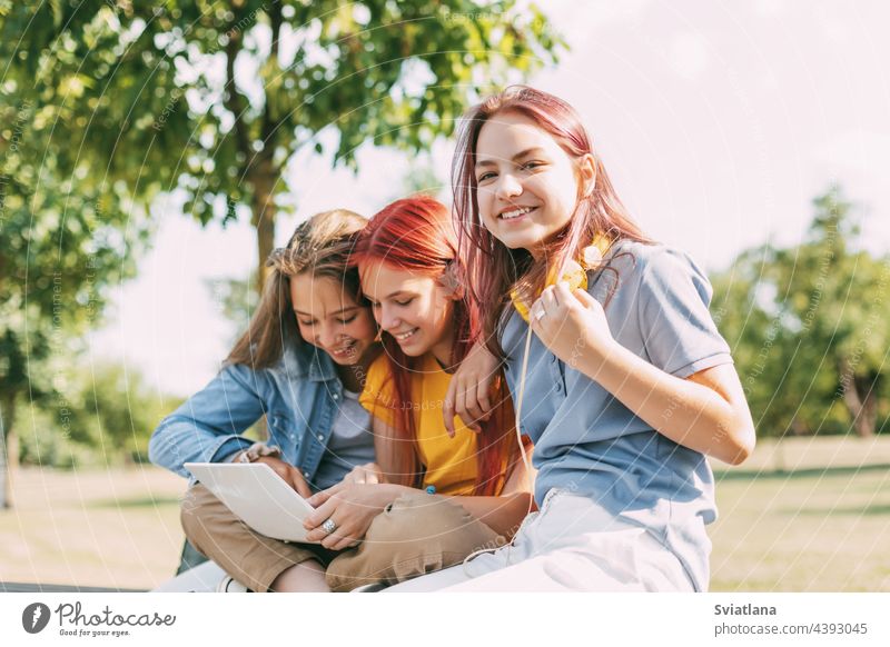 Attraktive Mädchen im Teenageralter sitzen auf einer Parkbank, diskutieren und lächeln. Freundinnen plaudern im Park Schüler Laptop Freundschaft Sitzen Bildung