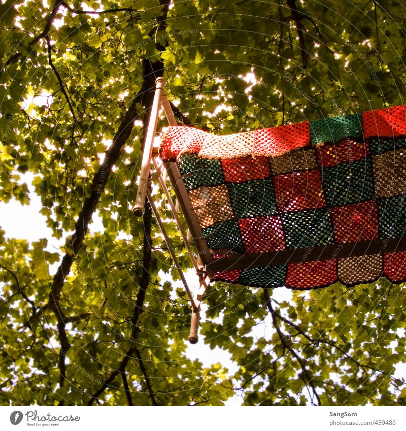 Himmelbett Sommer Bett Natur Schönes Wetter Baum Garten Holz Metall hängen schlafen außergewöhnlich braun mehrfarbig grün rot träumen Häusliches Leben